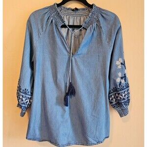 Denim Boho Peasant Blouse Cotton blend, size M, embroidered, 125OC Brand